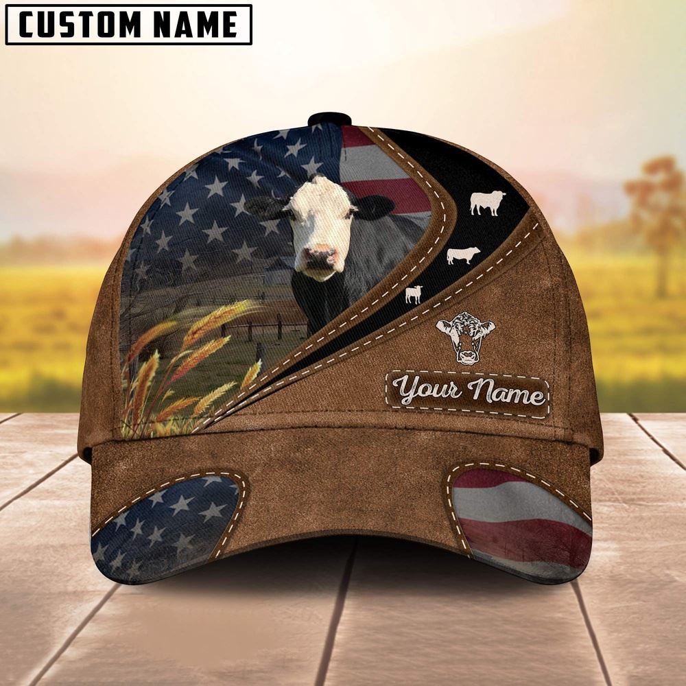 Adeenyc Black Baldy Leather Pattern American Customized Name Cap, Farm Cap, Farmer Baseball Cap, Cow Cap, Cow Gift, Farm Animal Hat Trucker Hats Custom Hats Gifts For Men & Women