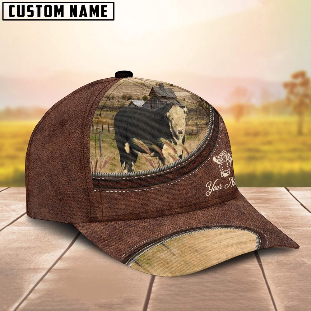 Adeenyc Black Hereford On The Farm Customized Name Leather Pattern Cap, Farm Cap, Farmer Baseball Cap, Cow Cap, Cow Gift, Farm Animal Hat Trucker Hats Custom Hats Gifts For Men & Women