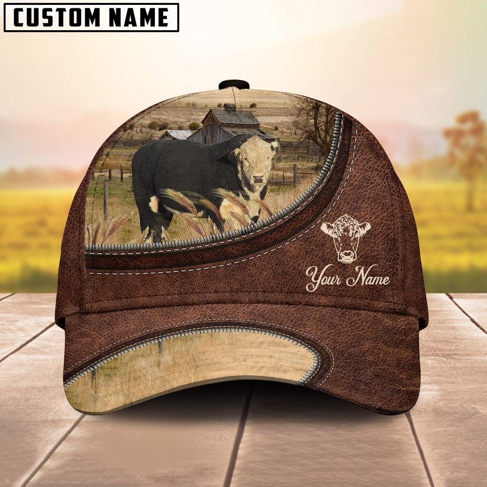 Adeenyc Black Hereford On The Farm Customized Name Leather Pattern Cap, Farm Cap, Farmer Baseball Cap, Cow Cap, Cow Gift, Farm Animal Hat Trucker Hats Custom Hats Gifts For Men & Women