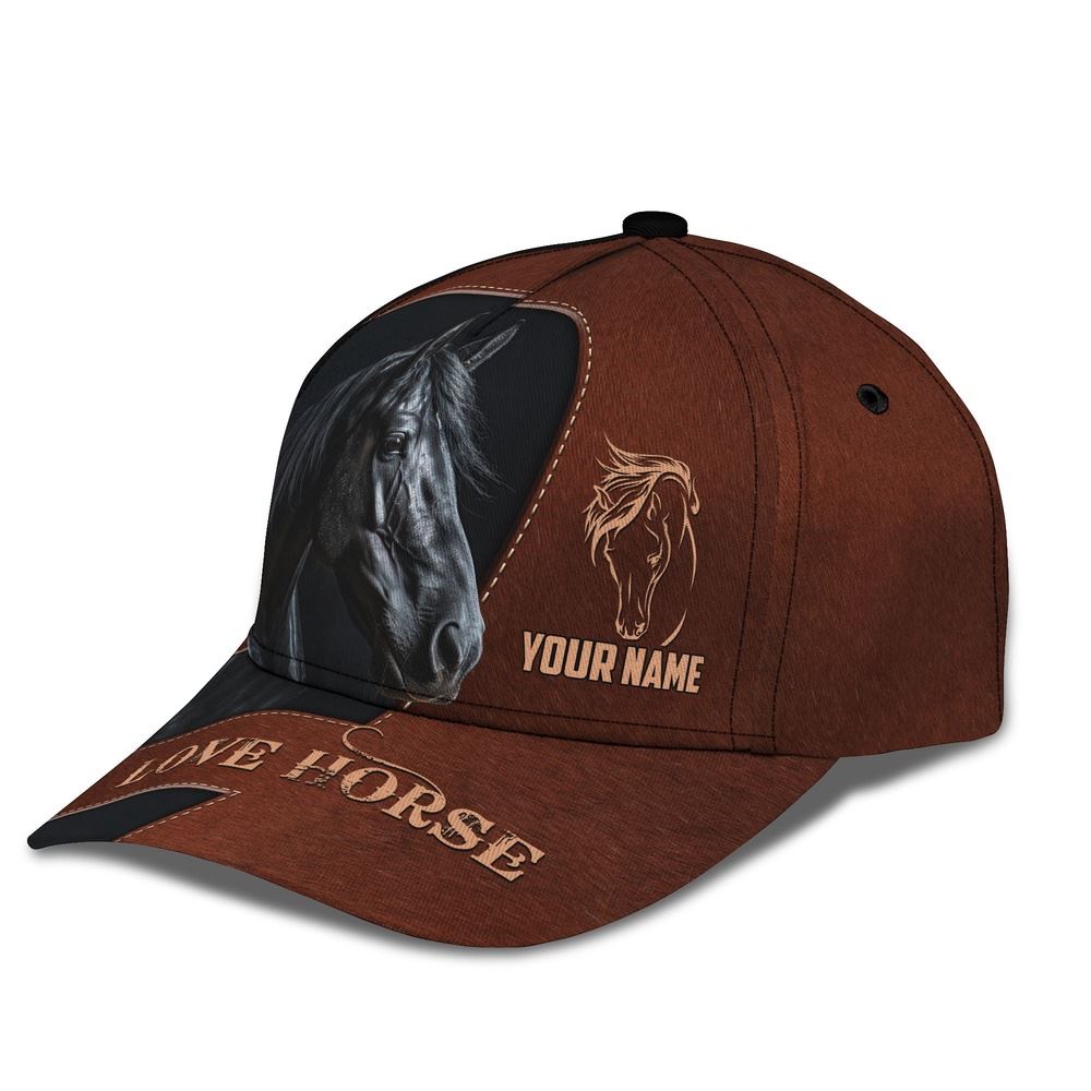 Adeenyc Black Horse Brown Leather Pattern Customized Name Cap, Farm Cap, Farmer Baseball Cap, Cow Cap, Cow Gift, Farm Animal Hat Trucker Hats Custom Hats Gifts For Men & Women
