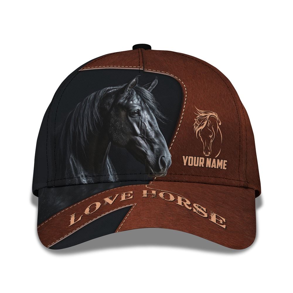 Adeenyc Black Horse Brown Leather Pattern Customized Name Cap, Farm Cap, Farmer Baseball Cap, Cow Cap, Cow Gift, Farm Animal Hat Trucker Hats Custom Hats Gifts For Men & Women