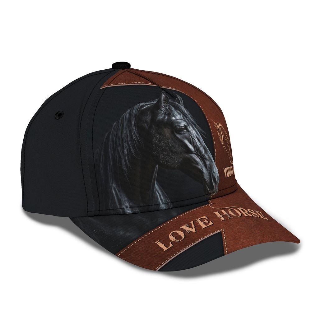 Adeenyc Black Horse Brown Leather Pattern Customized Name Cap, Farm Cap, Farmer Baseball Cap, Cow Cap, Cow Gift, Farm Animal Hat Trucker Hats Custom Hats Gifts For Men & Women