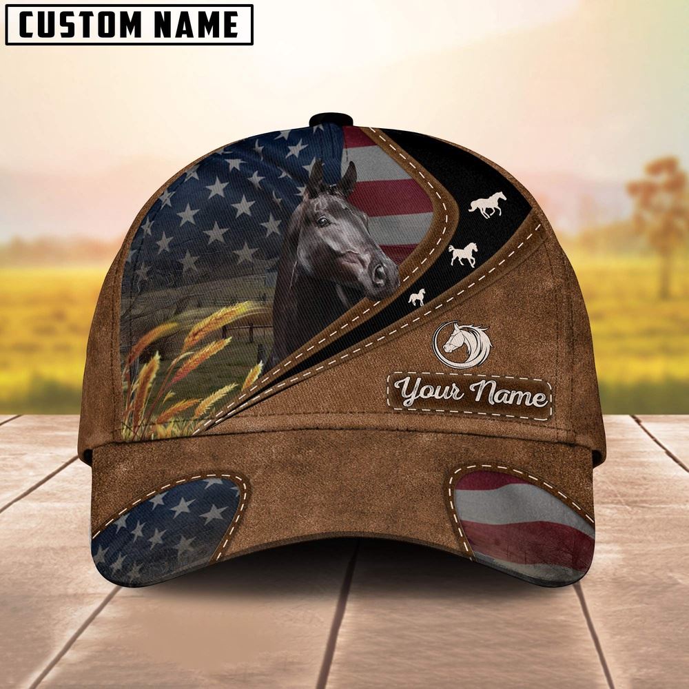 Adeenyc Black Horse Leather Pattern American Customized Name Cap, Farm Cap, Farmer Baseball Cap, Cow Cap, Cow Gift, Farm Animal Hat Trucker Hats Custom Hats Gifts For Men & Women