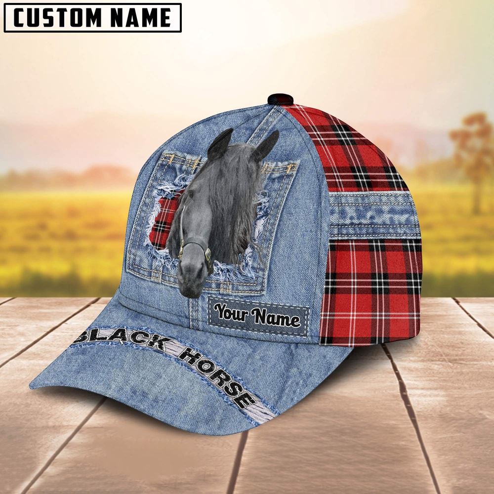 Adeenyc Black Horse Overall Jeans Pattern And Red Caro Pattern Customized Name Cap, Farm Cap, Farmer Baseball Cap, Cow Cap, Cow Gift, Farm Animal Hat Trucker Hats Custom Hats Gifts For Men & Women