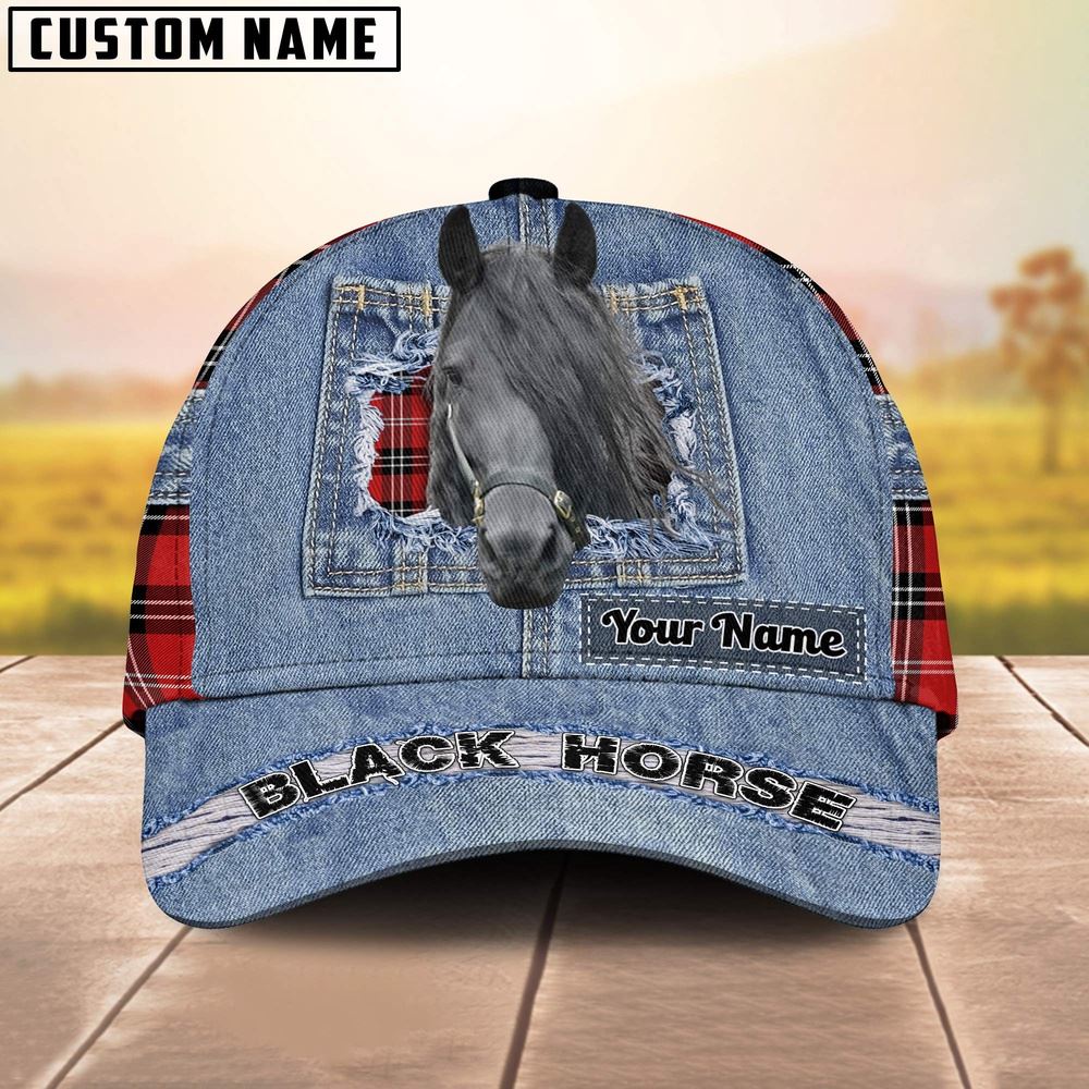 Adeenyc Black Horse Overall Jeans Pattern And Red Caro Pattern Customized Name Cap, Farm Cap, Farmer Baseball Cap, Cow Cap, Cow Gift, Farm Animal Hat Trucker Hats Custom Hats Gifts For Men & Women