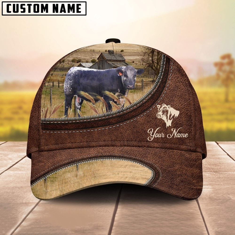 Adeenyc Black Speckled Park On The Farm Customized Name Leather Pattern Cap, Farm Cap, Farmer Baseball Cap, Cow Cap, Cow Gift, Farm Animal Hat Trucker Hats Custom Hats Gifts For Men & Women