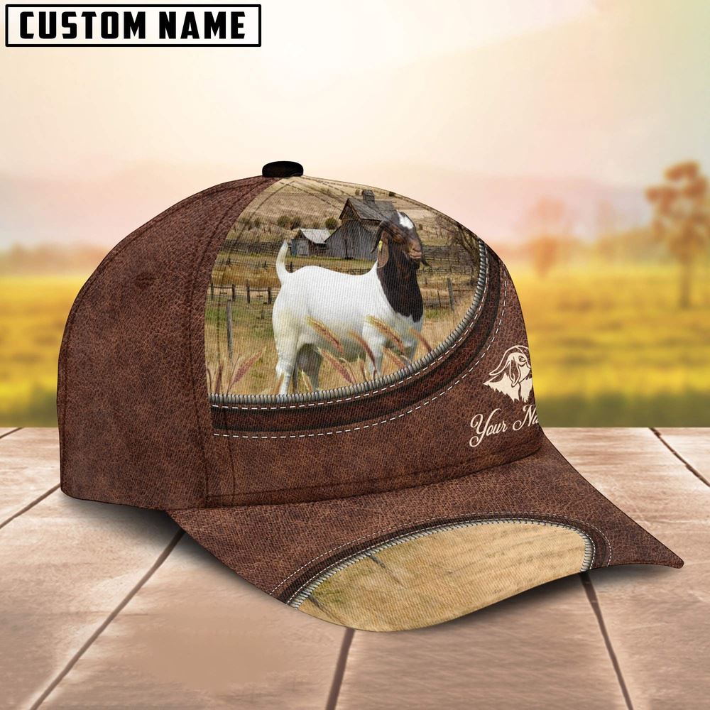 Adeenyc Boer Goat On The Farm Customized Name Leather Pattern Cap, Farm Cap, Farmer Baseball Cap, Cow Cap, Cow Gift, Farm Animal Hat Trucker Hats Custom Hats Gifts For Men & Women