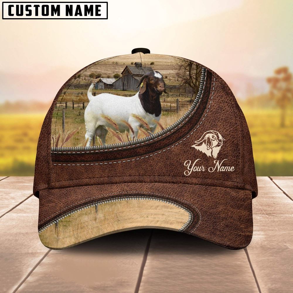Adeenyc Boer Goat On The Farm Customized Name Leather Pattern Cap, Farm Cap, Farmer Baseball Cap, Cow Cap, Cow Gift, Farm Animal Hat Trucker Hats Custom Hats Gifts For Men & Women