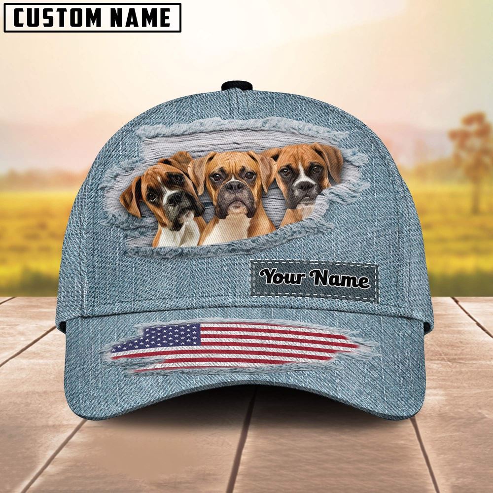 Adeenyc Boxer Dogs Jeans Pattern Customized Name Cap, Farm Cap, Farmer Baseball Cap, Cow Cap, Cow Gift, Farm Animal Hat Trucker Hats Custom Hats Gifts For Men & Women