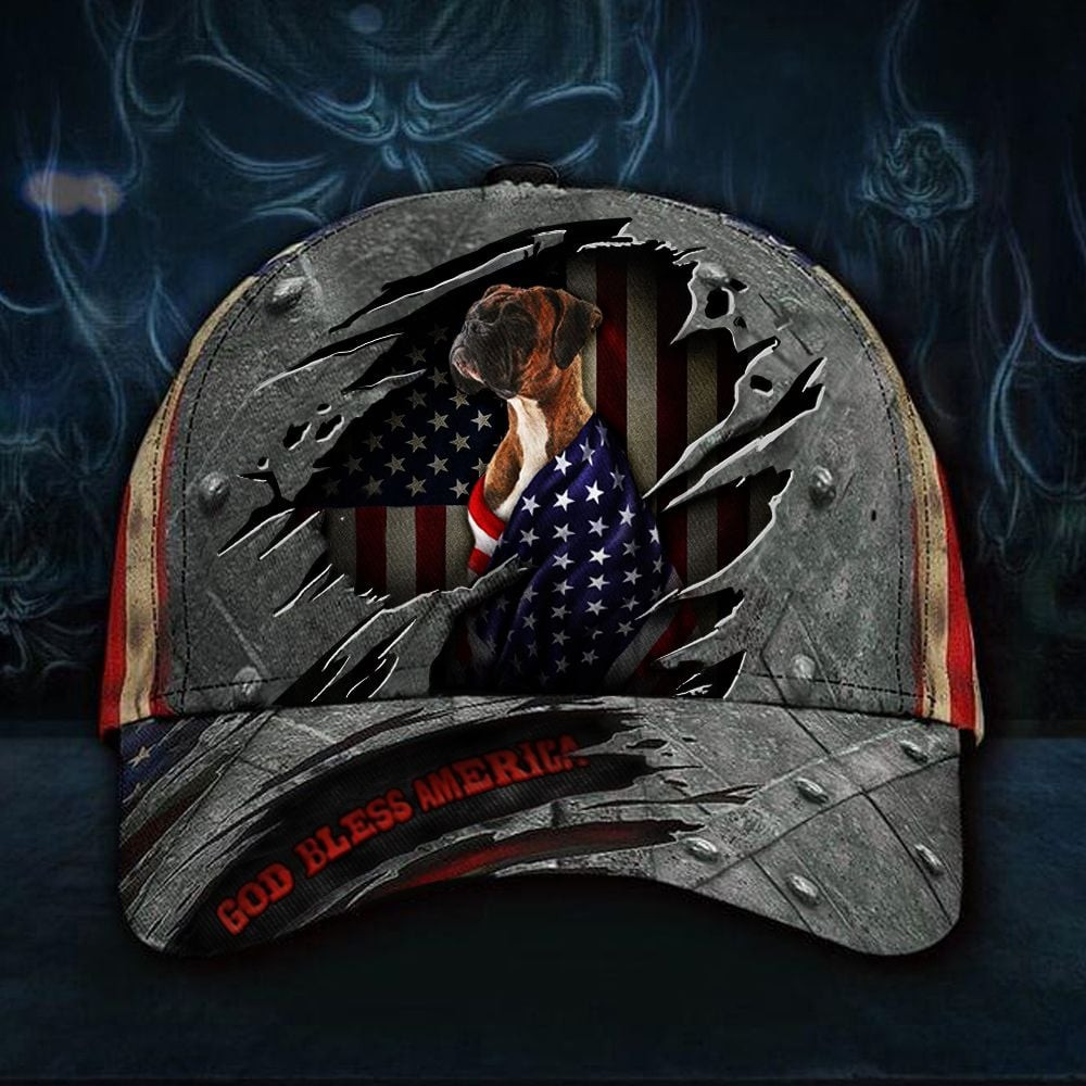 Adeenyc Boxer God Bless America Classic Cap USA Flag Hat Dog Patriotic Independence Day Gift 2023 Trucker Hats Custom Hats Gifts For Men & Women