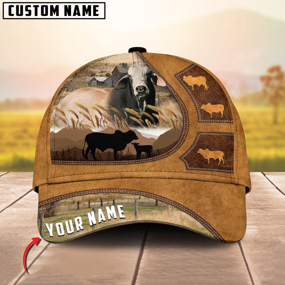 Adeenyc Brahman Art On Farm Yellow Leather Pattern Customized 3D Cap, Farm Cap, Farmer Baseball Cap, Cow Cap, Cow Gift, Farm Animal Hat Trucker Hats Custom Hats Gifts For Men & Women