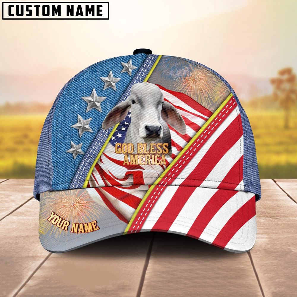 Adeenyc Brahman Cattle Blue Denim Pattern Customized Name Cap, Farm Cap, Farmer Baseball Cap, Cow Cap, Cow Gift, Farm Animal Hat Trucker Hats Custom Hats Gifts For Men & Women