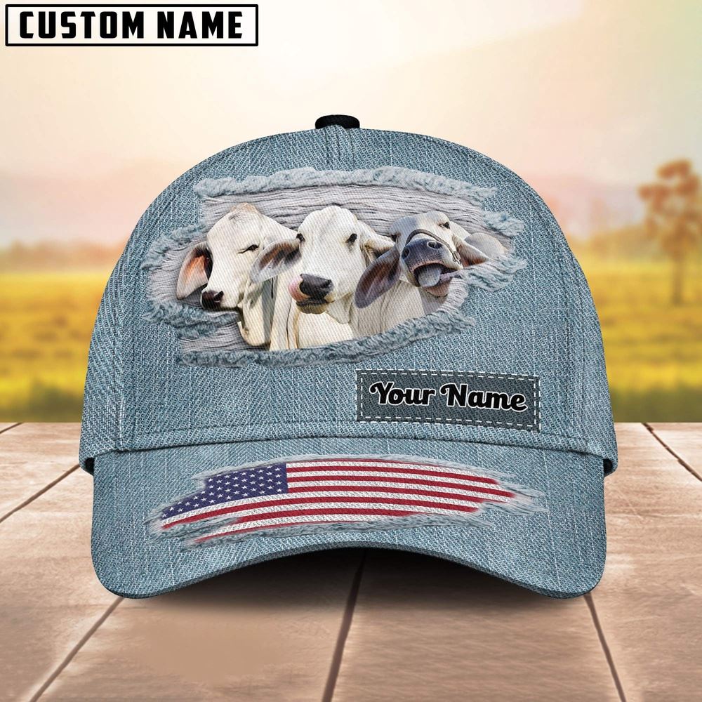 Adeenyc Brahman Cattle Jeans Pattern Customized Name Cap, Farm Cap, Farmer Baseball Cap, Cow Cap, Cow Gift, Farm Animal Hat Trucker Hats Custom Hats Gifts For Men & Women
