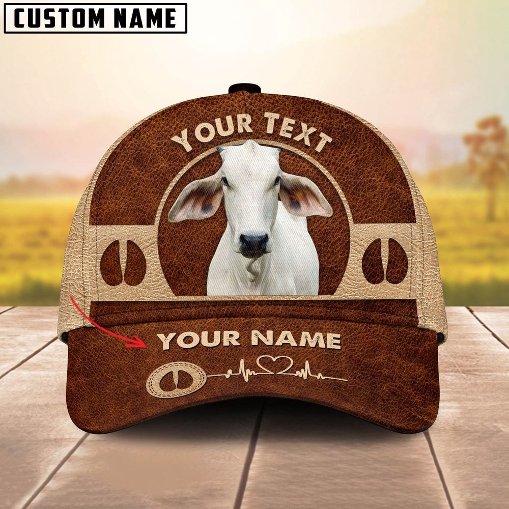 Adeenyc Brahman Cattle Personalized Name Brown Leather Pattern Cap, Farm Cap, Farmer Baseball Cap, Cow Cap, Cow Gift, Farm Animal Hat Trucker Hats Custom Hats Gifts For Men & Women