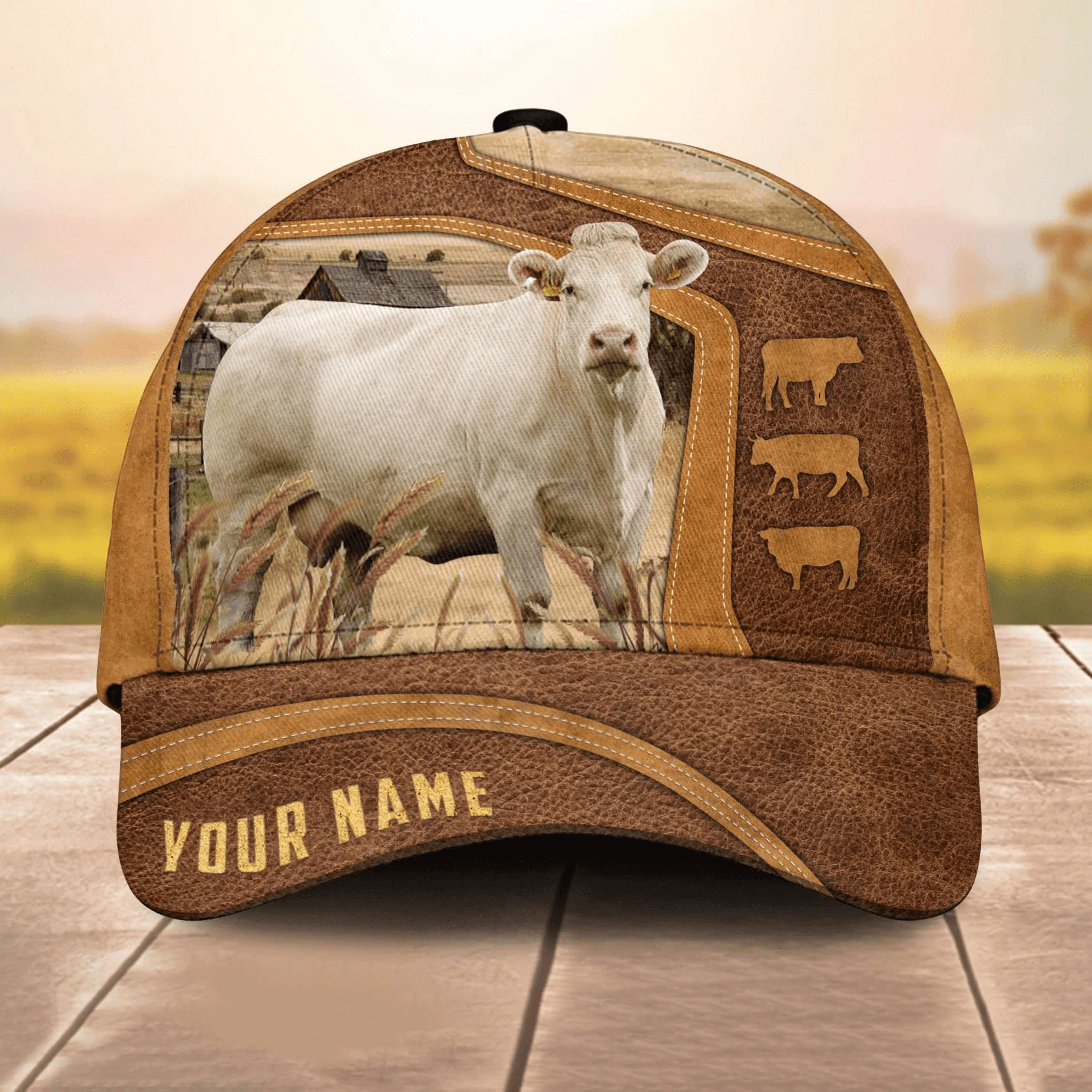 Adeenyc Charolais On The Farm Custom Name 3D Cap 3D All Over Print Baseball Cap, Cap For Farm Lovers, Animal Cap, Leather Pattern Cap Trucker Hats Custom Hats Gifts For Men & Women