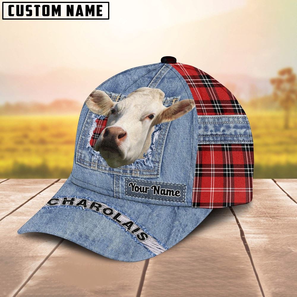 Adeenyc Charolais Overall Jeans Pattern And Red Caro Pattern Customized Name Cap, Farm Cap, Farmer Baseball Cap, Cow Cap, Cow Gift, Farm Animal Hat Trucker Hats Custom Hats Gifts For Men & Women