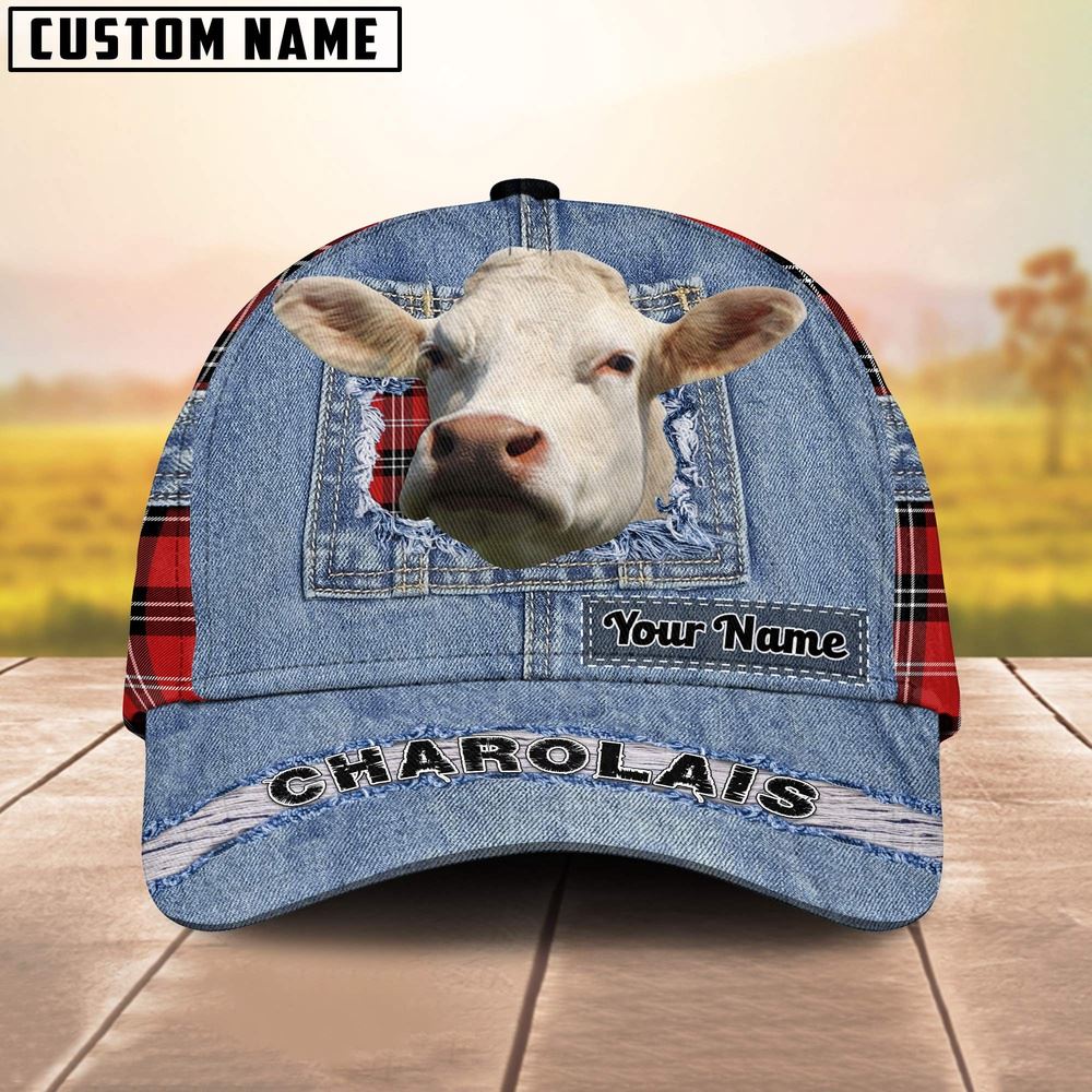 Adeenyc Charolais Overall Jeans Pattern And Red Caro Pattern Customized Name Cap, Farm Cap, Farmer Baseball Cap, Cow Cap, Cow Gift, Farm Animal Hat Trucker Hats Custom Hats Gifts For Men & Women