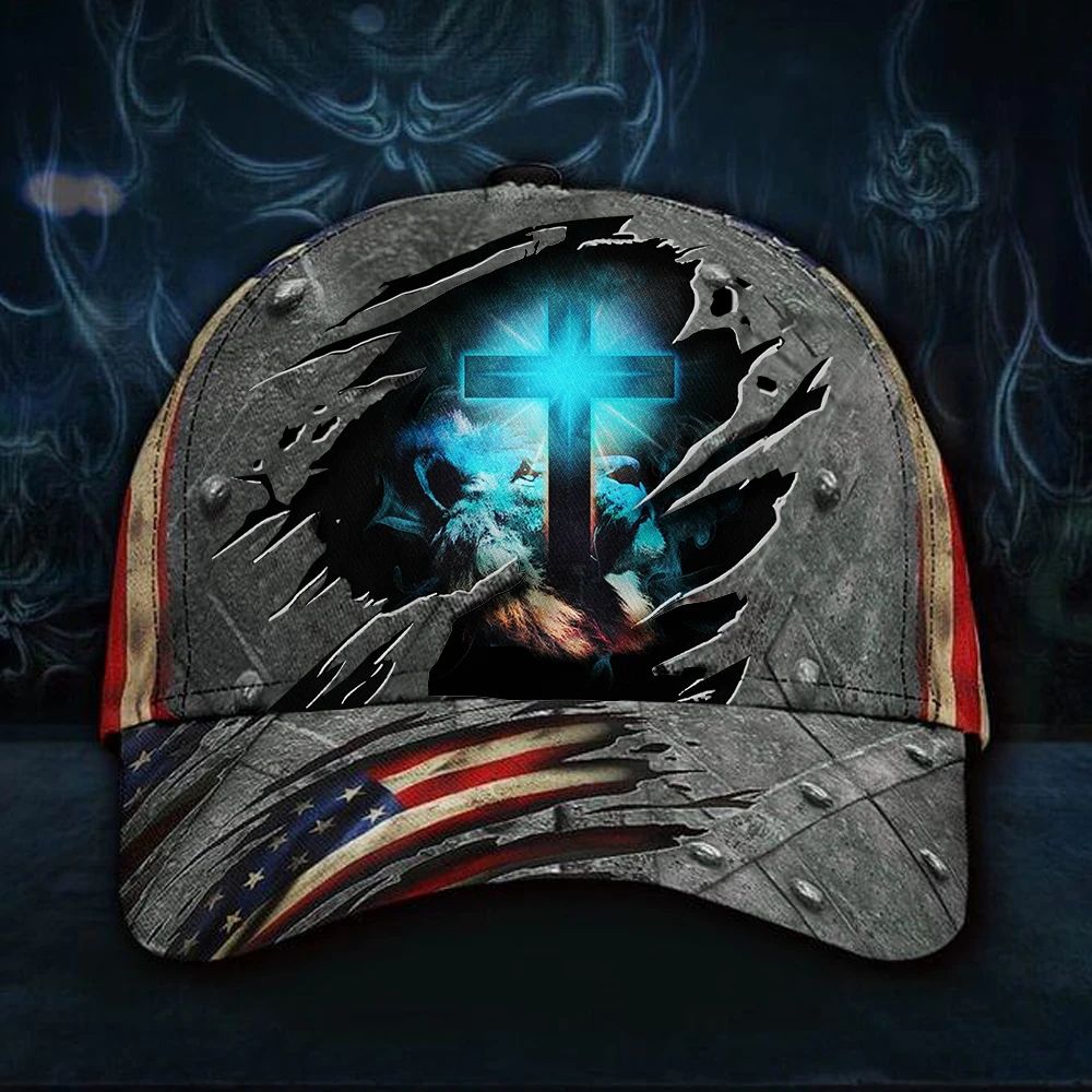 Adeenyc Cross Lion Hat 3D Print American Flag Cap Vintage Unique Hat Christian Gift For Men Trucker Hats Custom Hats Gifts For Men & Women