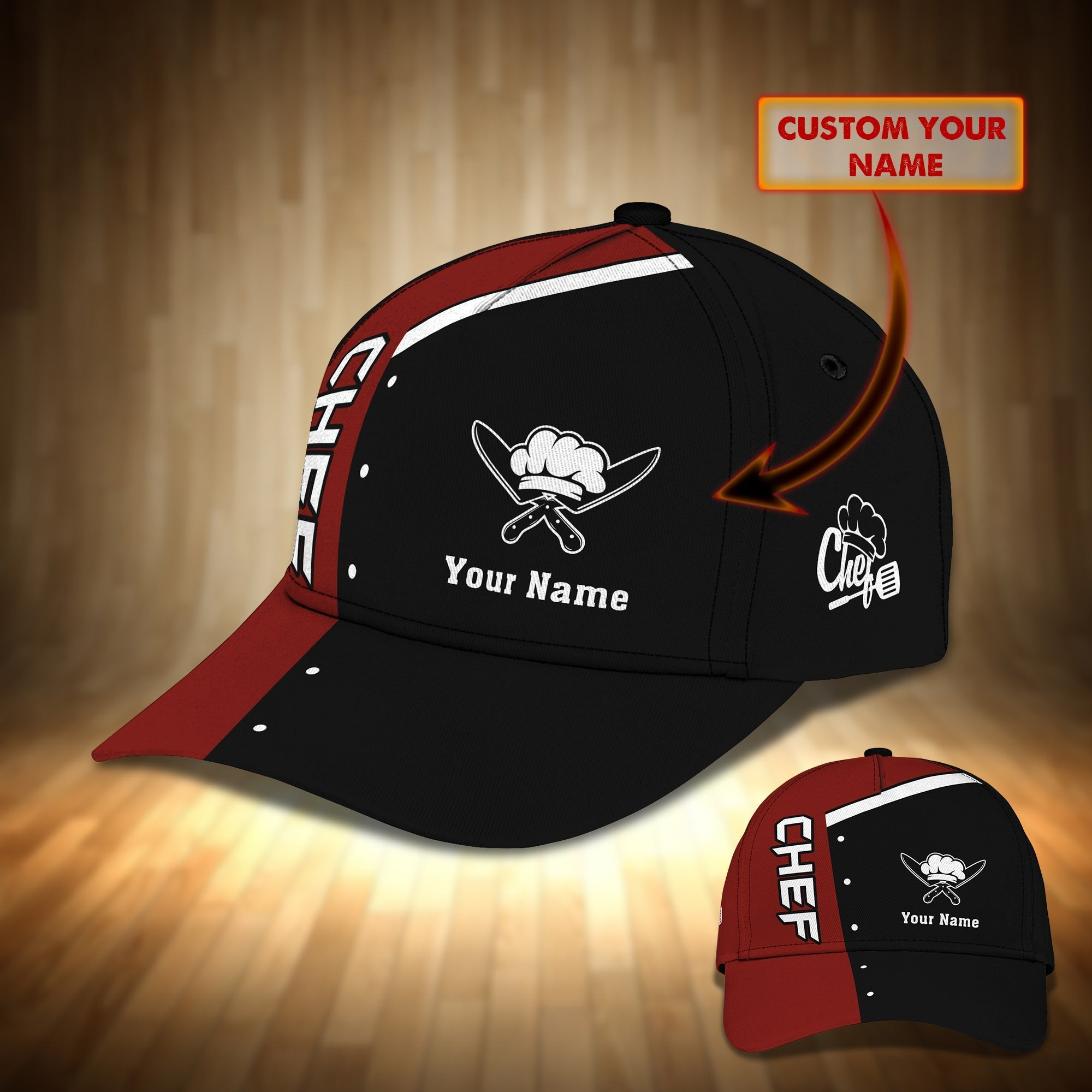 Adeenyc Custom Classic Black & Red Chef Cap - Personalized Name Option Hats Gifts for men & women Adeenyc.com