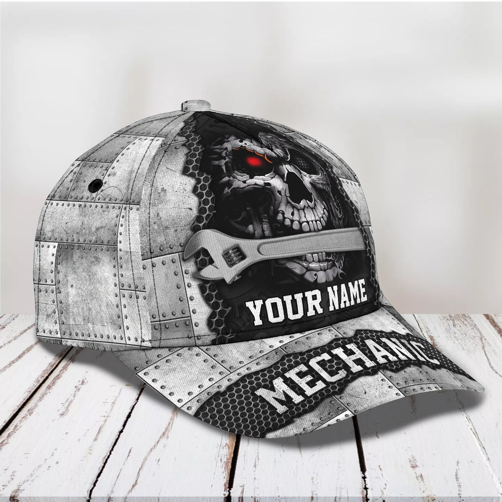 Adeenyc Custom Classic Cap Baseball Cap Hat Baseball Cap Hat- Personalized Name - Silver Mechanic Skull Design Hats Gifts for men & women Adeenyc.com