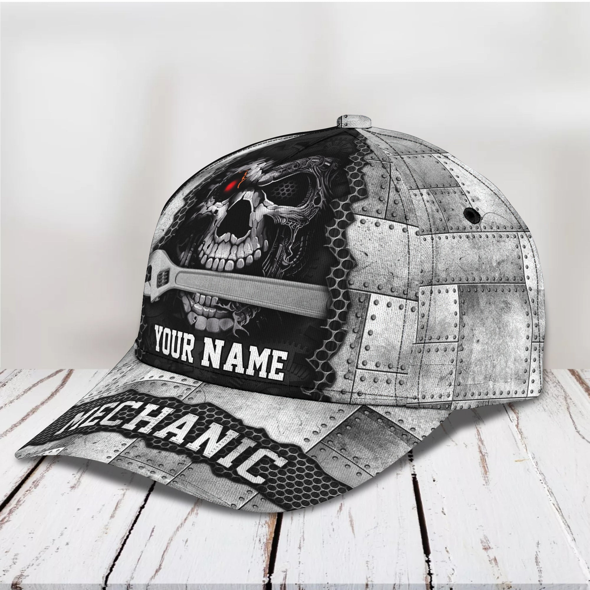 Adeenyc Custom Classic Cap Baseball Cap Hat Baseball Cap Hat- Personalized Name - Silver Mechanic Skull Design Hats Gifts for men & women Adeenyc.com