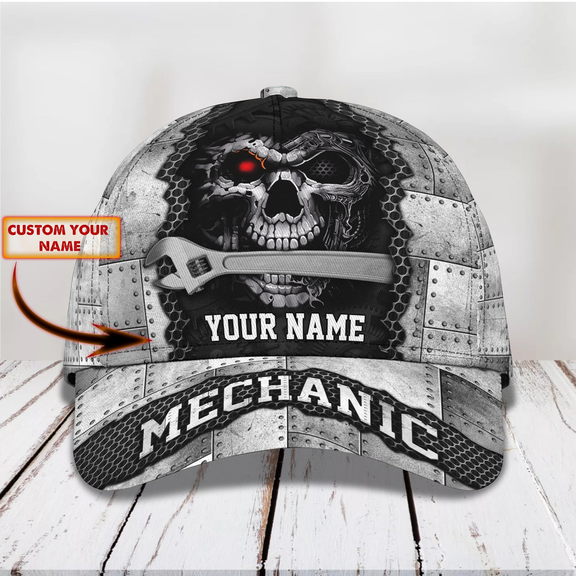 Adeenyc Custom Classic Cap Baseball Cap Hat Baseball Cap Hat- Personalized Name - Silver Mechanic Skull Design Hats Gifts for men & women Adeenyc.com