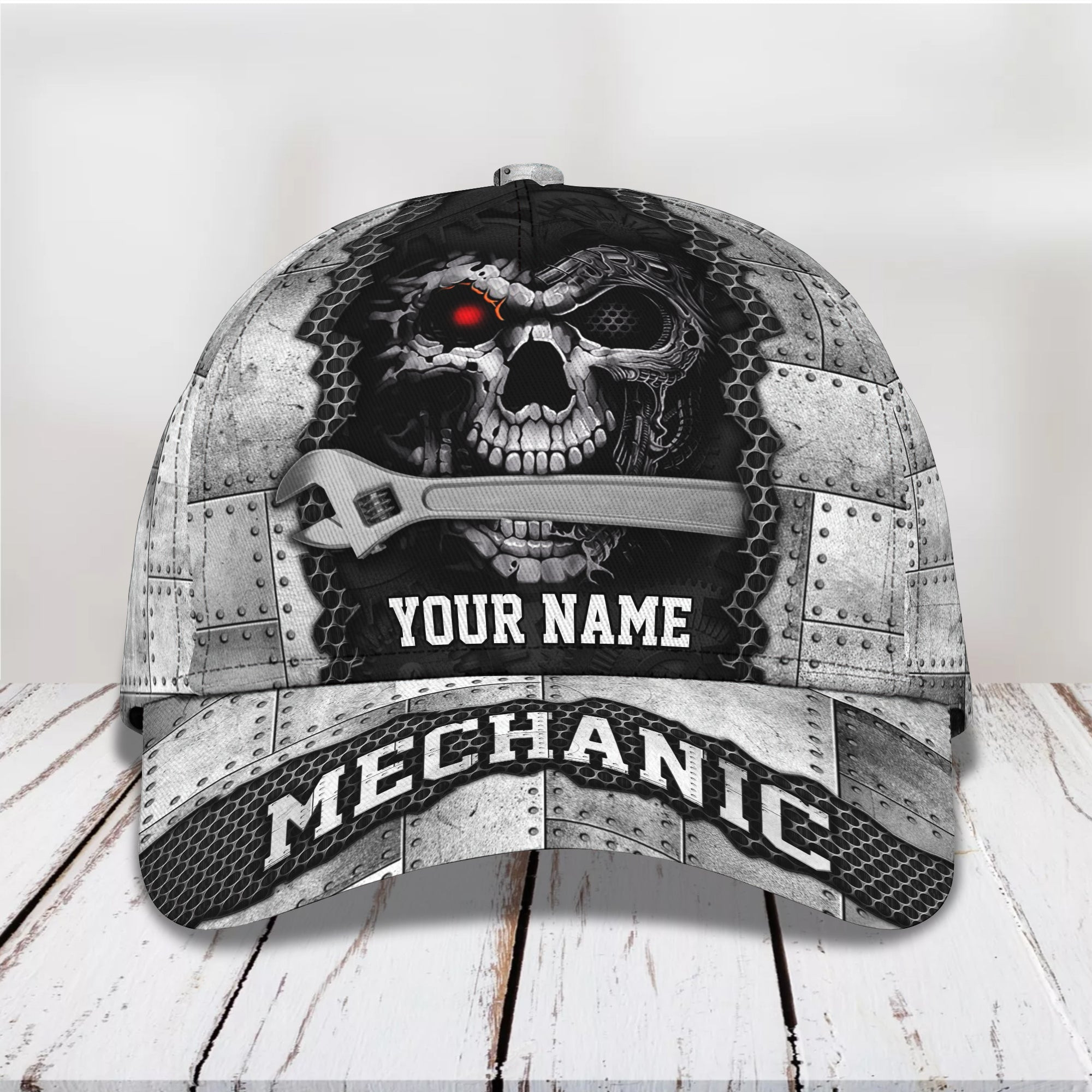 Adeenyc Custom Classic Cap Baseball Cap Hat Baseball Cap Hat- Personalized Name - Silver Mechanic Skull Design Hats Gifts for men & women Adeenyc.com