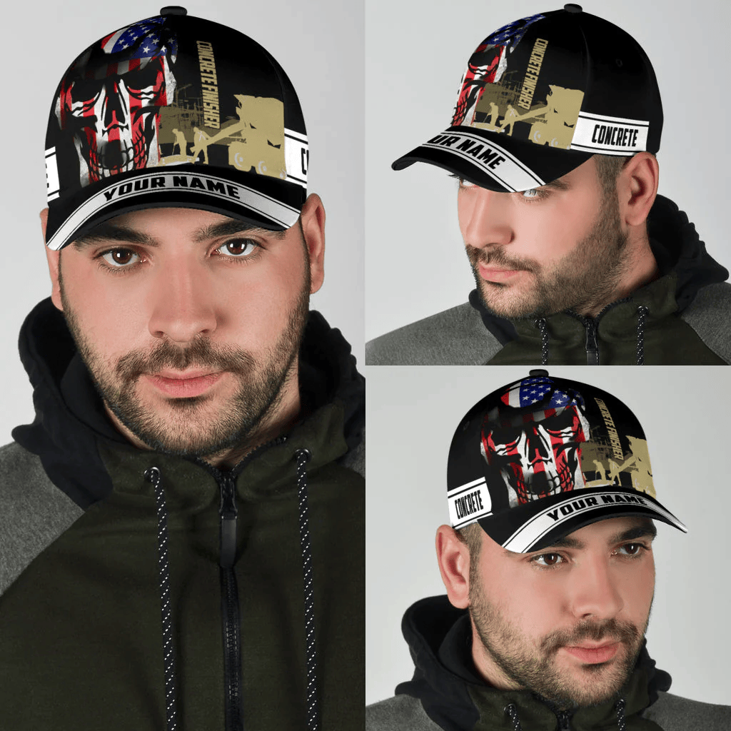 Adeenyc Custom Name A Concrete Finisher American Flag Skull Baseball Cap, Concreter Classic Cap Hat 3D Full Print Trucker Hats Custom Hats Gifts For Men & Women