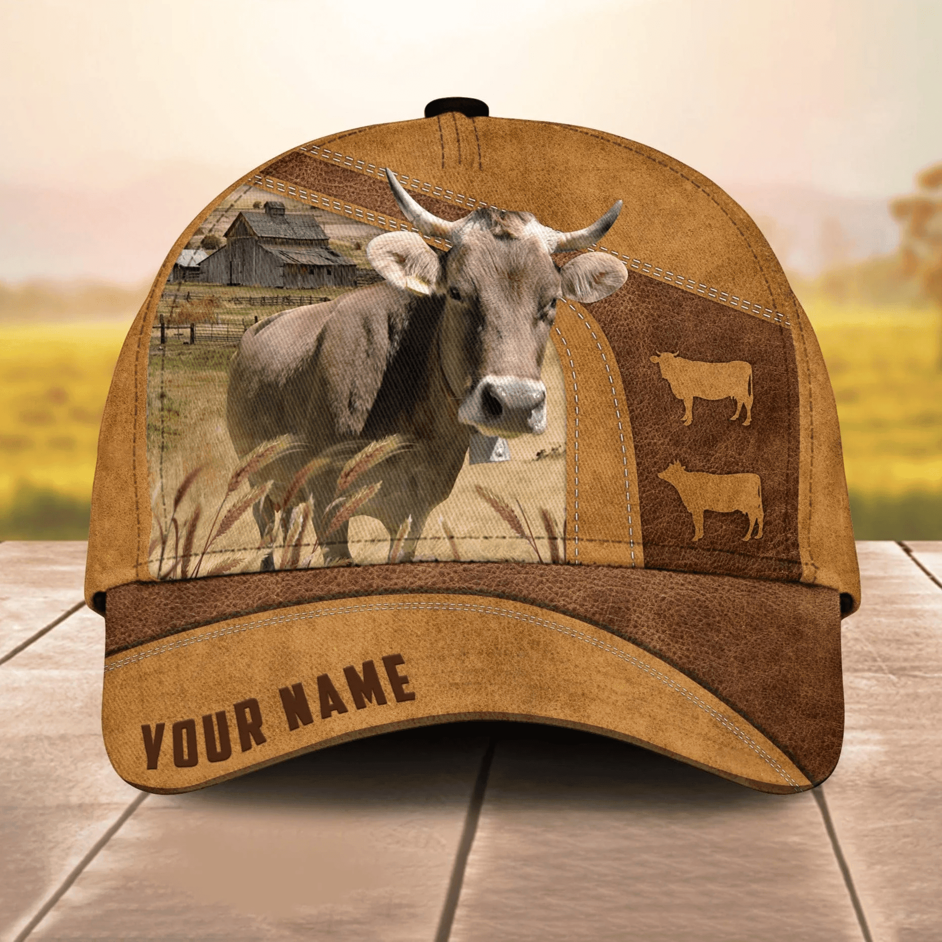 Adeenyc Custom Name Brown Swiss Cale 3D Cap 3D All Over Print Baseball Cap, Cap For Farm Lovers, Animal Cap, Leather Pattern Cap Trucker Hats Custom Hats Gifts For Men & Women