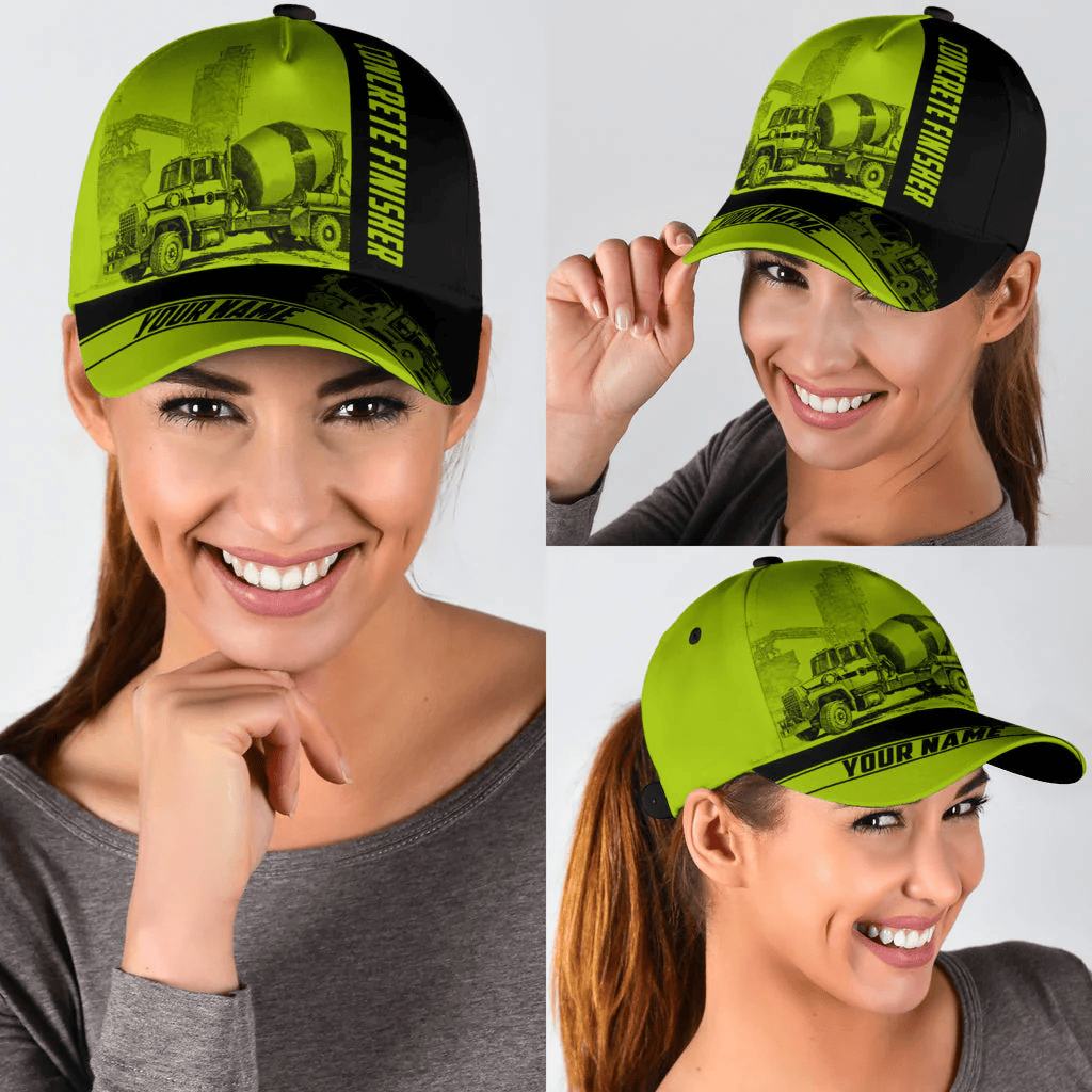 Adeenyc Custom Name Cap Hat Concrete Finisher Green Safety 3D Baseball Cap Hat For Man And Women, Gift To Concreter Trucker Hats Custom Hats Gifts For Men & Women