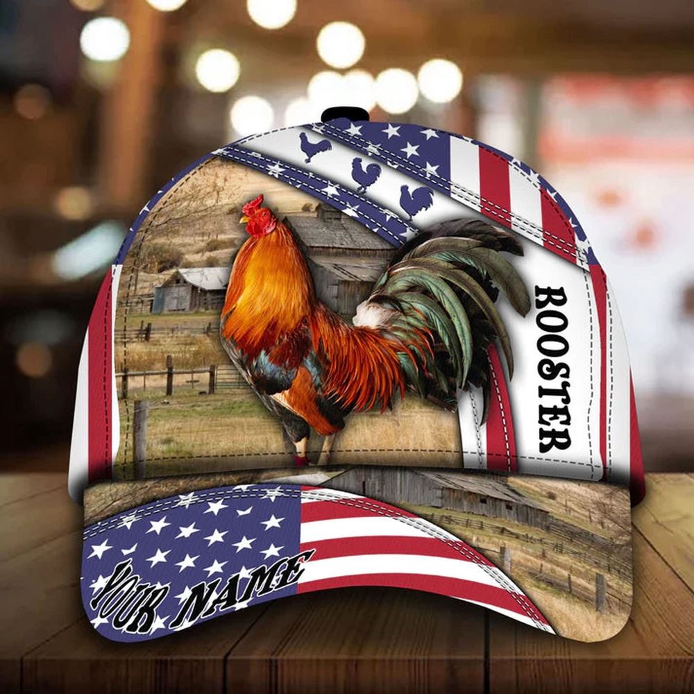 Adeenyc Custom Name Rooster U.S Flag Pattern Cap, Farm Cap, Farmer Baseball Cap, Cow Cap, Cow Gift, Farm Animal Hat Trucker Hats Custom Hats Gifts For Men & Women