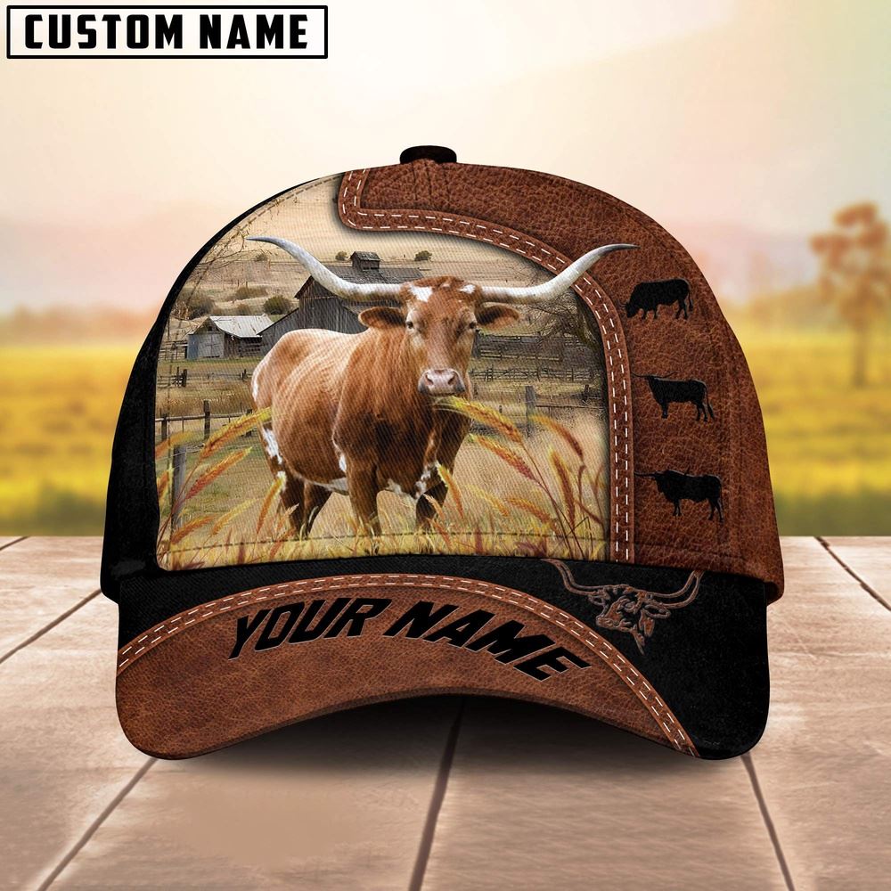 Adeenyc Custom Name Texas Longhorn Brown Black Leather Pattern Cap, Farm Cap, Farmer Baseball Cap, Cow Cap, Cow Gift, Farm Animal Hat Trucker Hats Custom Hats Gifts For Men & Women