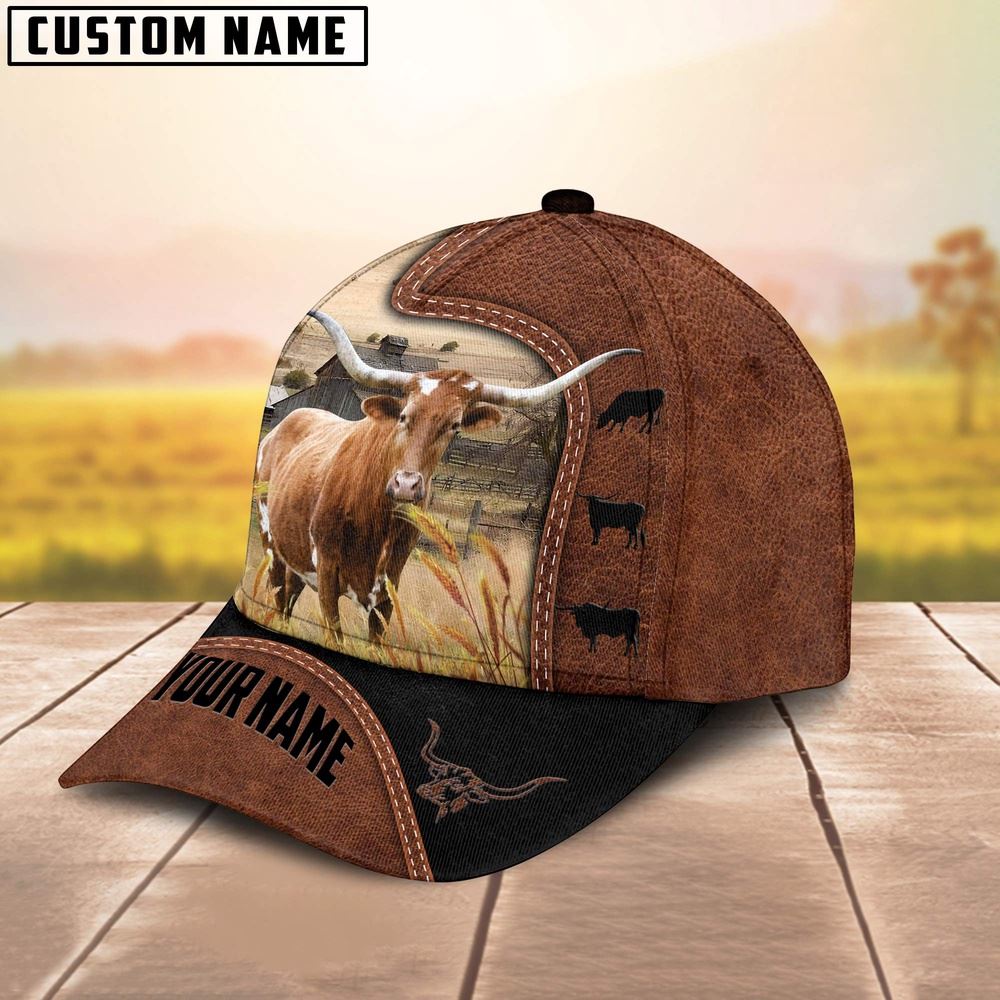 Adeenyc Custom Name Texas Longhorn Brown Black Leather Pattern Cap, Farm Cap, Farmer Baseball Cap, Cow Cap, Cow Gift, Farm Animal Hat Trucker Hats Custom Hats Gifts For Men & Women