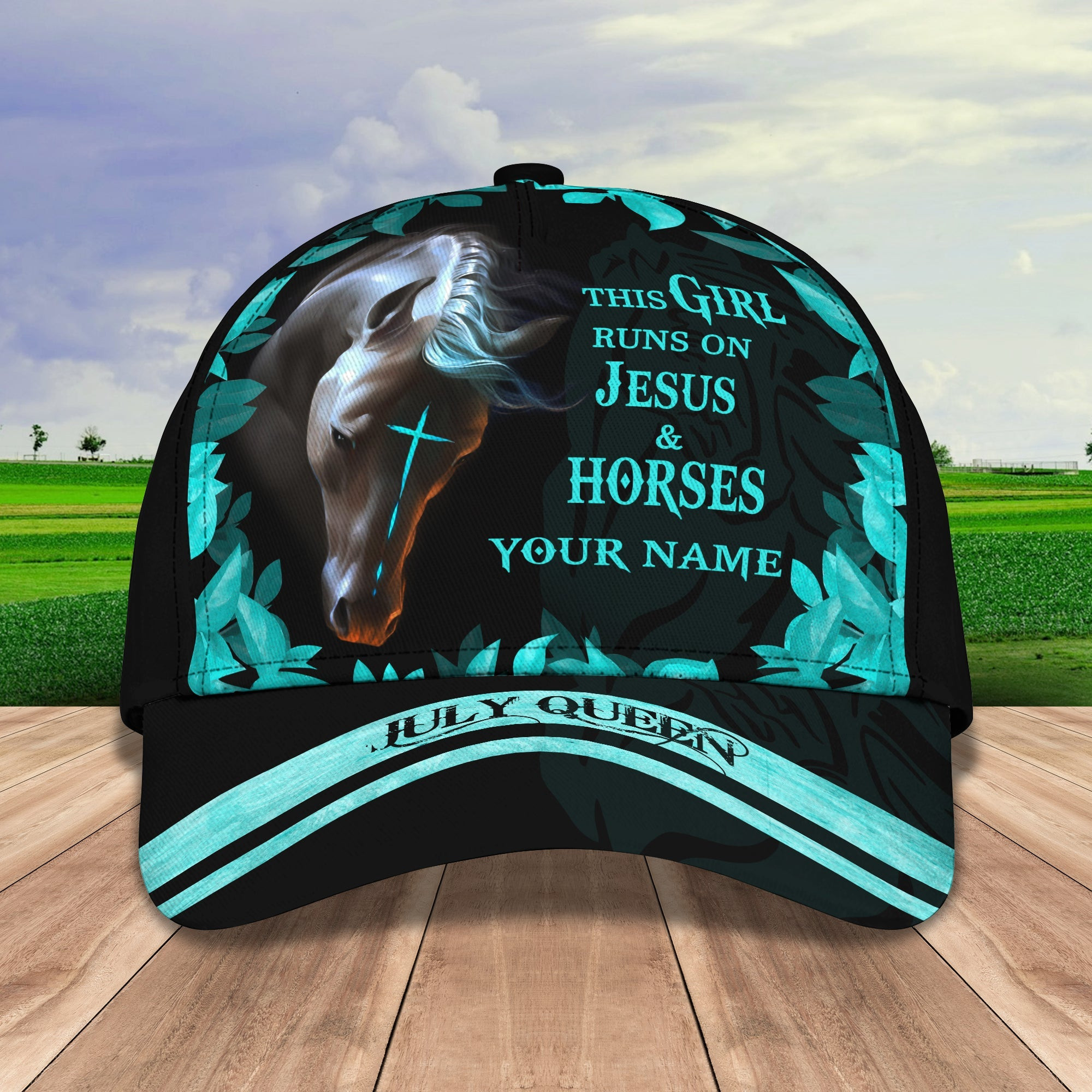 Adeenyc Custom Personalized Name Cap - Jesus & Horses Design - July Queen Hats Gifts for men & women Adeenyc.com