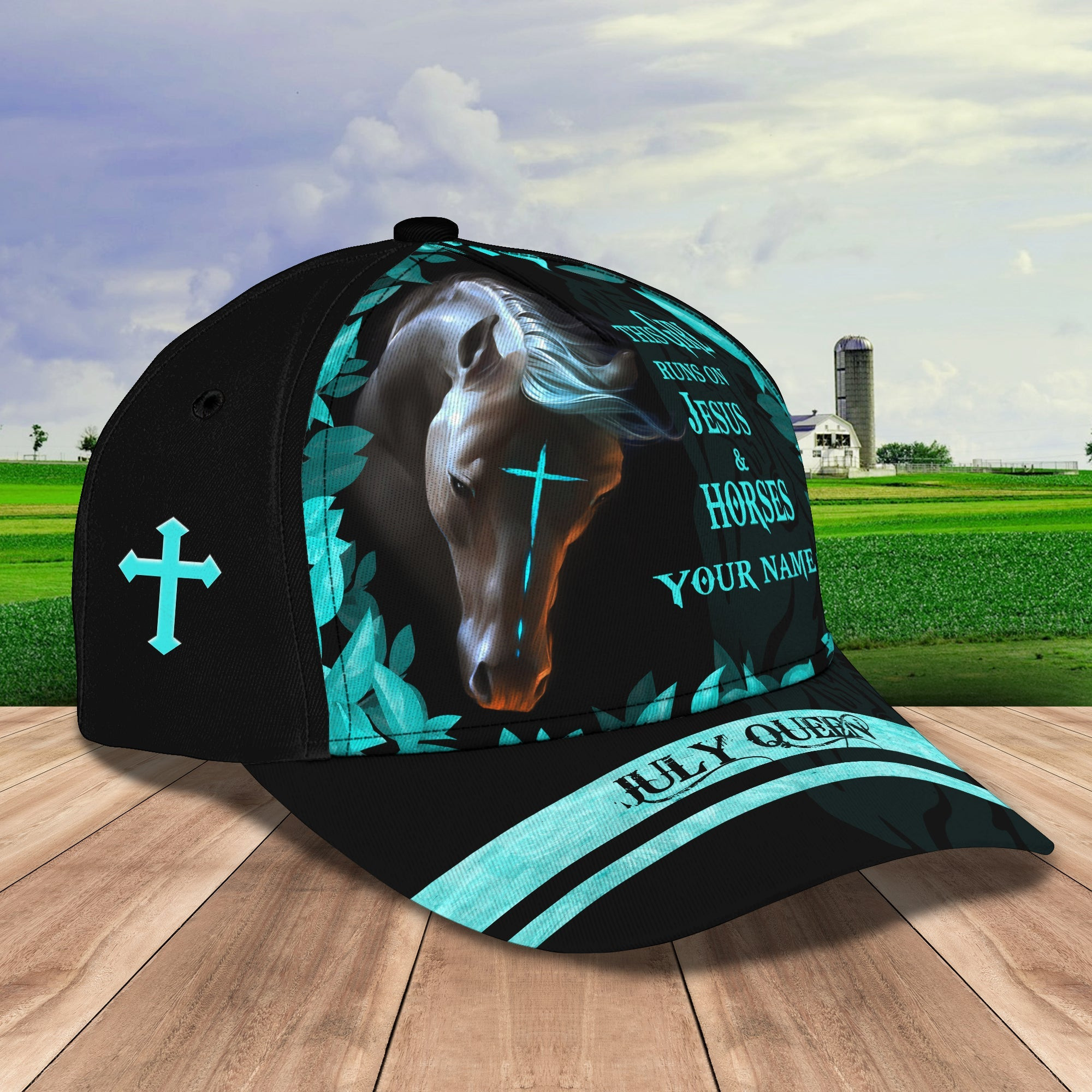Adeenyc Custom Personalized Name Cap - Jesus & Horses Design - July Queen Hats Gifts for men & women Adeenyc.com