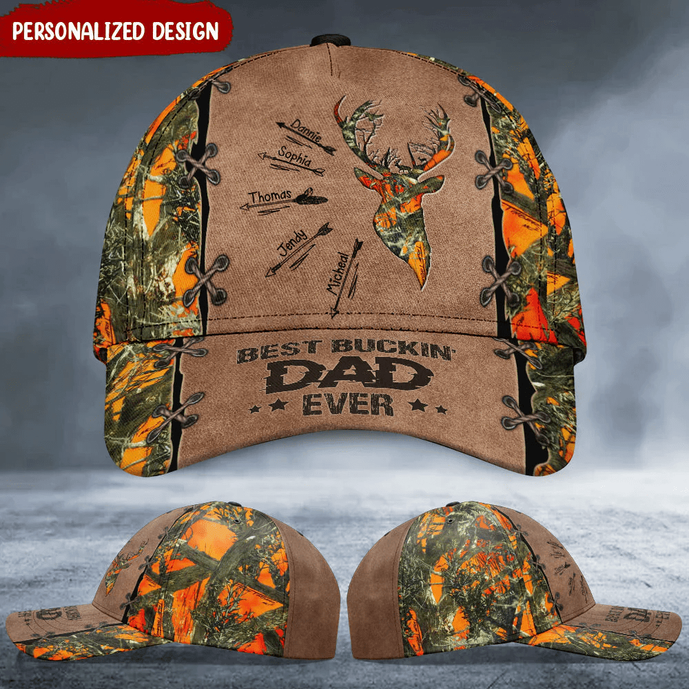 Adeenyc Customized Best Buckin Dad Ever Deer Hunting Grandpa Daddy Fathers Day Custom Kids Names Leather Pattern Cap Trucker Hats Custom Hats Gifts For Men & Women