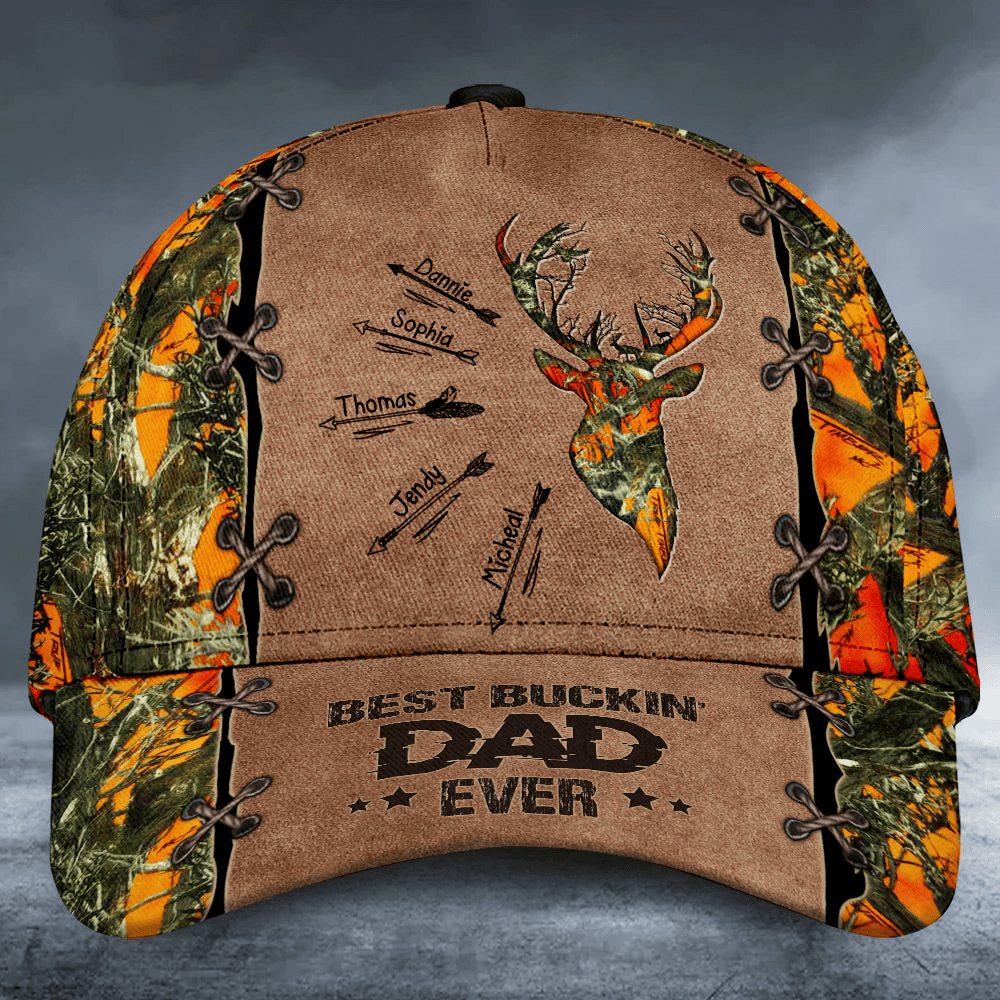 Adeenyc Customized Best Buckin Dad Ever Deer Hunting Grandpa Daddy Fathers Day Custom Kids Names Leather Pattern Cap Trucker Hats Custom Hats Gifts For Men & Women