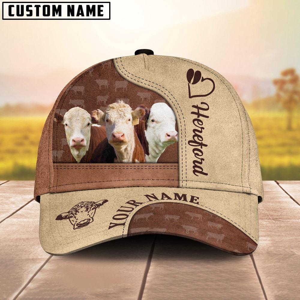 Adeenyc Customized Name Hereford Happiness Brown Yellow Cap, Farm Cap, Farmer Baseball Cap, Cow Cap, Cow Gift, Farm Animal Hat Trucker Hats Custom Hats Gifts For Men & Women