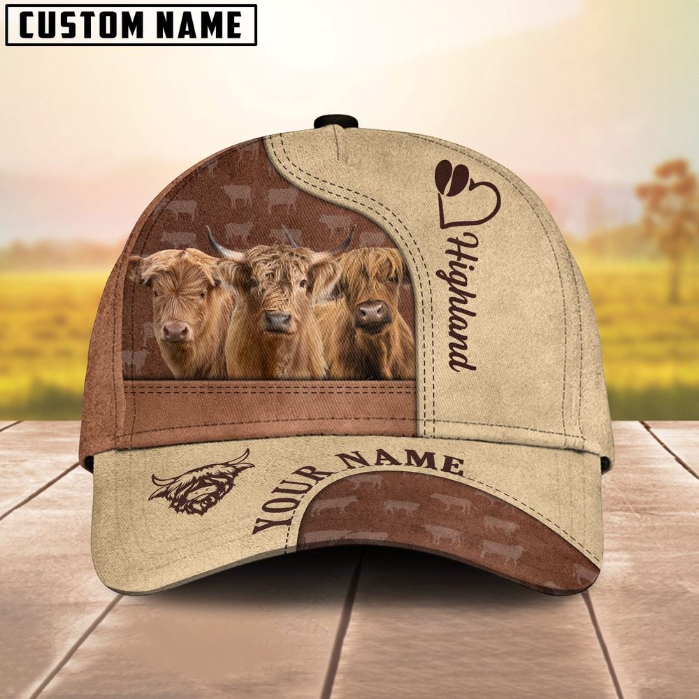Adeenyc Customized Name Highland Cattle Happiness Brown Yellow Cap, Farm Cap, Farmer Baseball Cap, Cow Cap, Cow Gift, Farm Animal Hat Trucker Hats Custom Hats Gifts For Men & Women