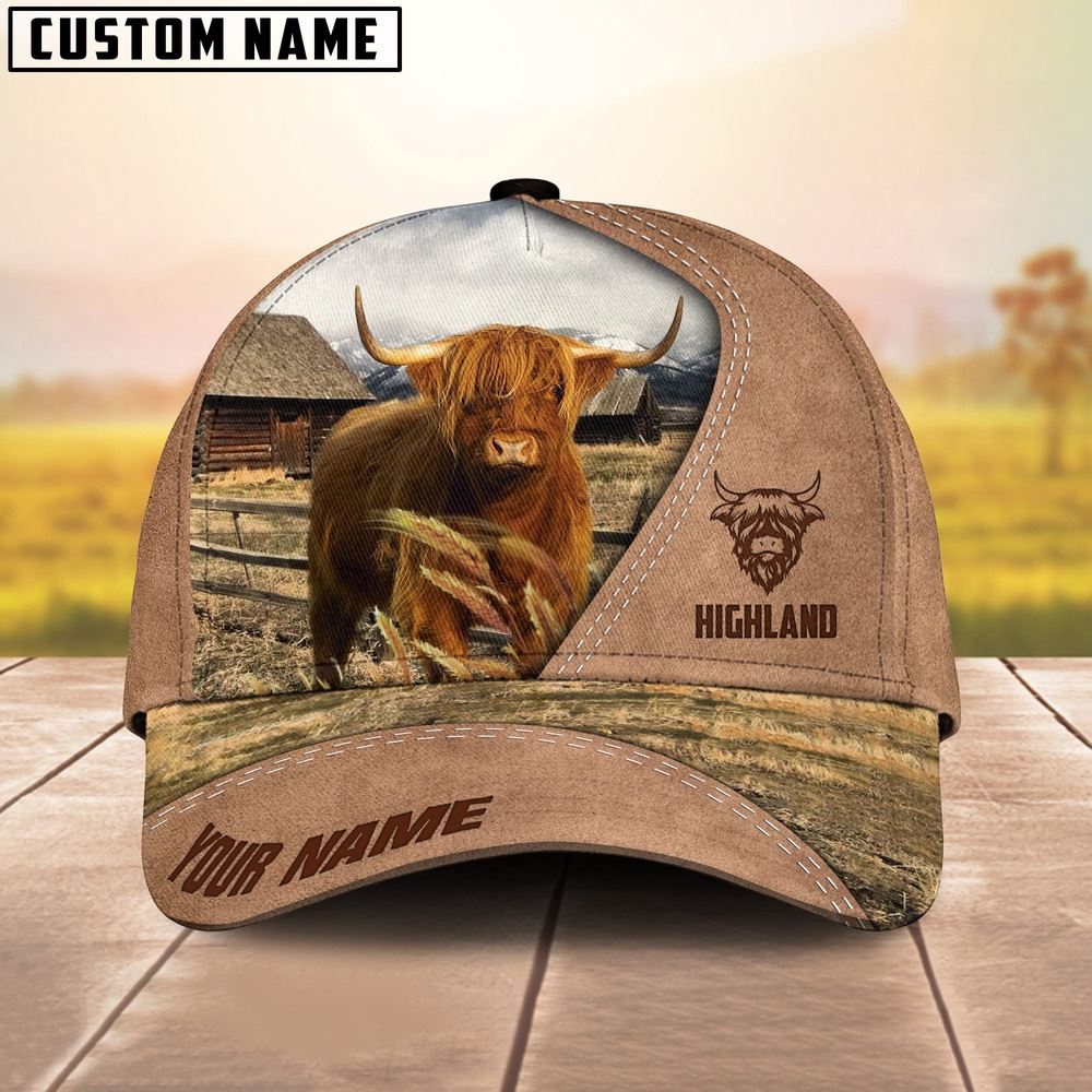Adeenyc Customized Name Highland Cattle On Ranch Light Brown Cap, Farm Cap, Farmer Baseball Cap, Cow Cap, Cow Gift, Farm Animal Hat Trucker Hats Custom Hats Gifts For Men & Women
