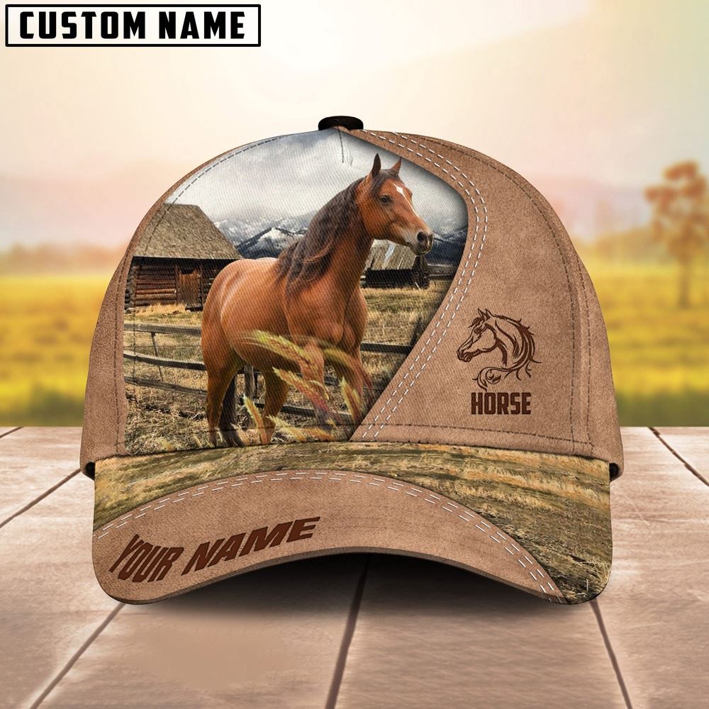 Adeenyc Customized Name Horse On Ranch Light Brown Cap, Farm Cap, Farmer Baseball Cap, Cow Cap, Cow Gift, Farm Animal Hat Trucker Hats Custom Hats Gifts For Men & Women