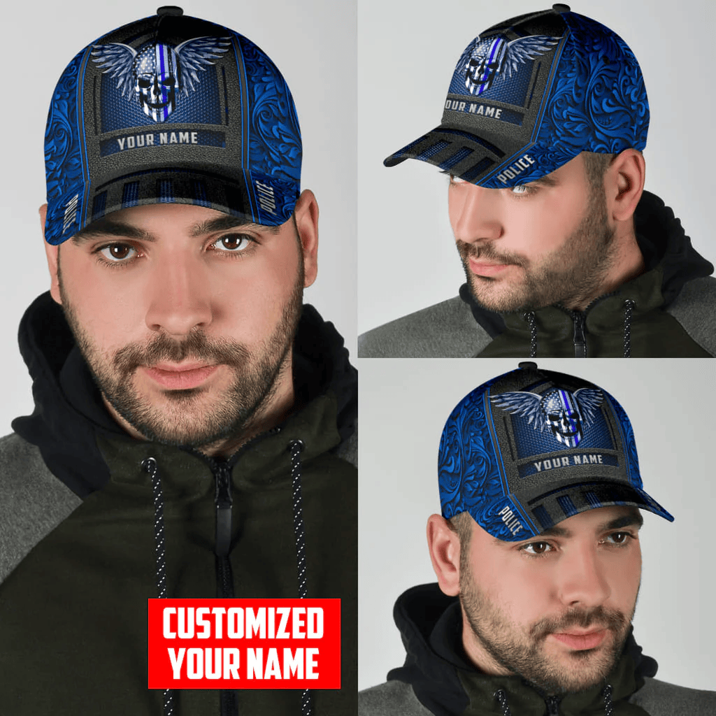 Adeenyc Customized Name Police Skull Classic Cap Blue Skull Baseball Cap Hat Trucker Hats Custom Hats Gifts For Men & Women