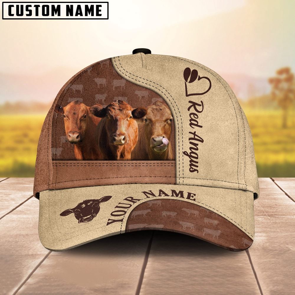 Adeenyc Customized Name Red Angus Happiness Brown Yellow Cap, Farm Cap, Farmer Baseball Cap, Cow Cap, Cow Gift, Farm Animal Hat Trucker Hats Custom Hats Gifts For Men & Women
