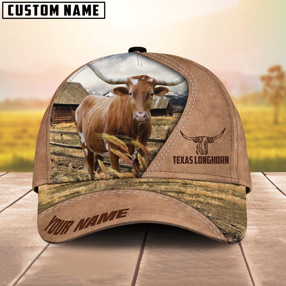 Adeenyc Customized Name Texas Longhorn On Ranch Light Brown Cap, Farm Cap, Farmer Baseball Cap, Cow Cap, Cow Gift, Farm Animal Hat Trucker Hats Custom Hats Gifts For Men & Women