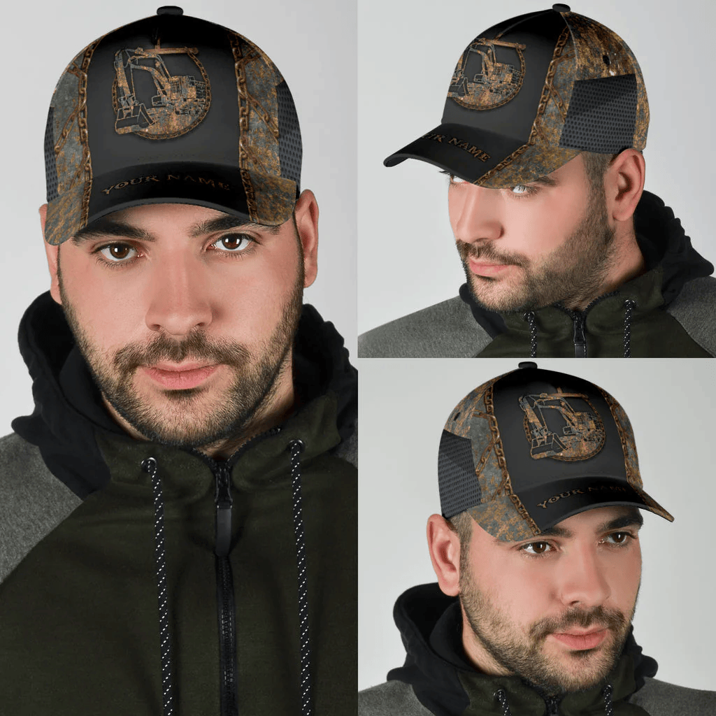 Adeenyc Customized With Name Excavator 3D Full Printing Classic Cap Hat, Excavator Baseball Cap Hat Trucker Hats Custom Hats Gifts For Men & Women