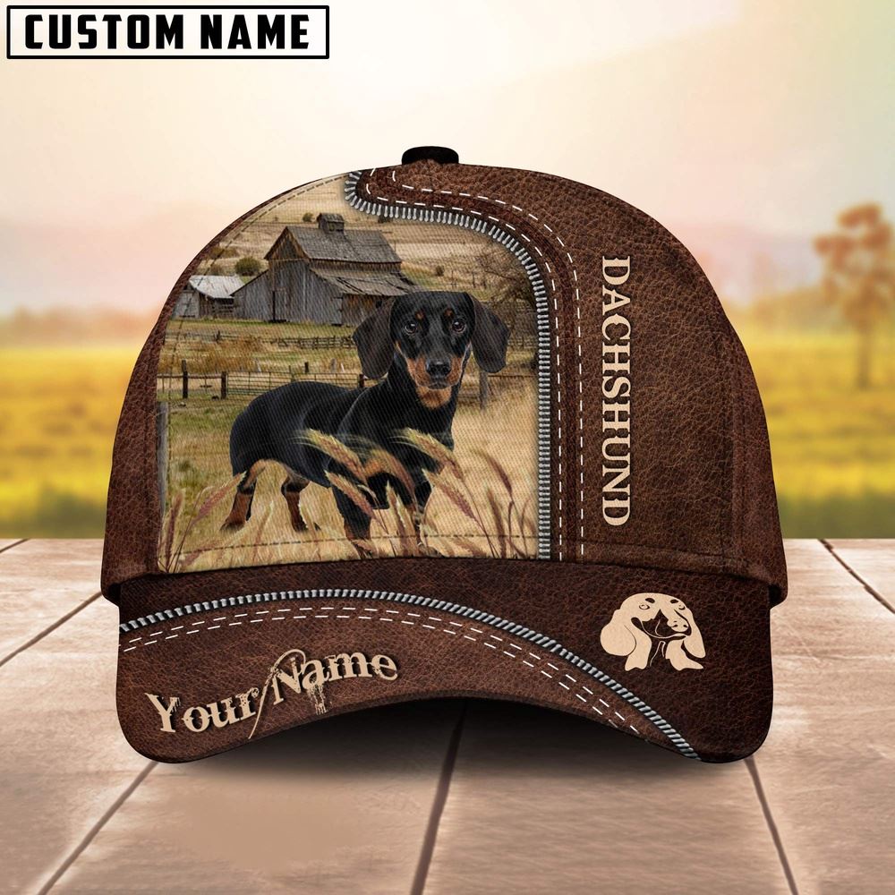 Adeenyc Dachshund Customized Name Leather Pattern Cap, Farm Cap, Farmer Baseball Cap, Cow Cap, Cow Gift, Farm Animal Hat Trucker Hats Custom Hats Gifts For Men & Women