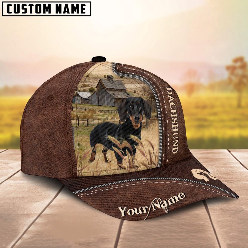 Adeenyc Dachshund Customized Name Leather Pattern Cap, Farm Cap, Farmer Baseball Cap, Cow Cap, Cow Gift, Farm Animal Hat Trucker Hats Custom Hats Gifts For Men & Women
