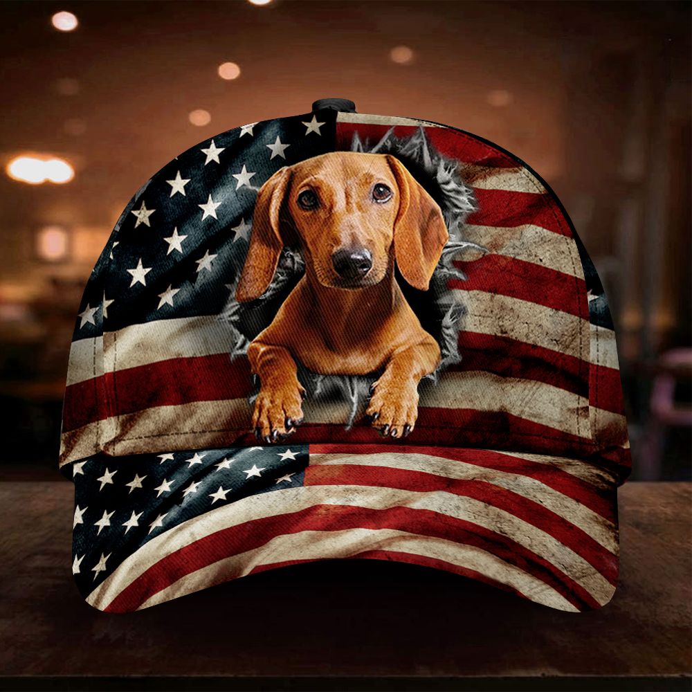 Adeenyc Dachshund Inside American Flag 3D Hat Vintage Patriotic Dog Cap Independence day Dog Dad Gift Trucker Hats Custom Hats Gifts For Men & Women