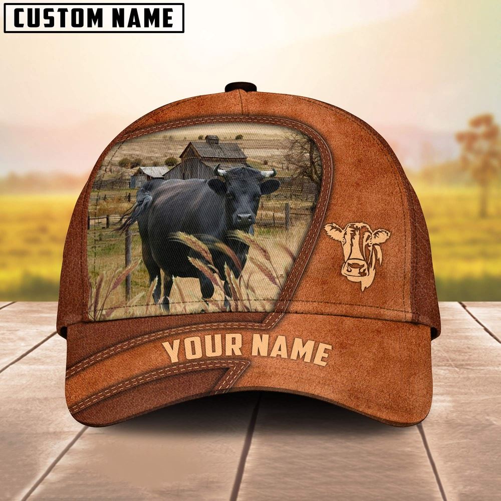 Adeenyc Dexter Customized Name Brown Leather Pattern Cap, Farm Cap, Farmer Baseball Cap, Cow Cap, Cow Gift, Farm Animal Hat Trucker Hats Custom Hats Gifts For Men & Women