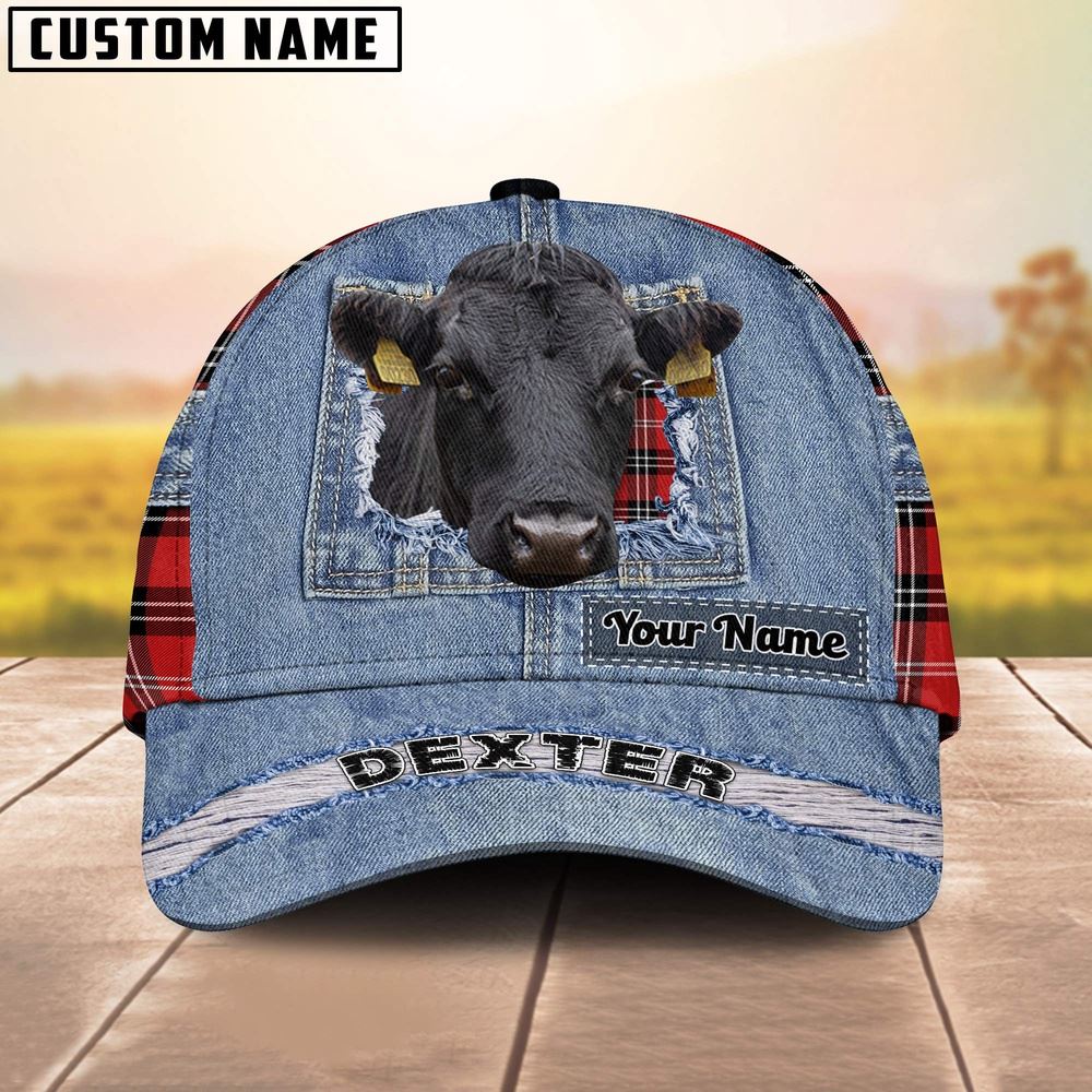 Adeenyc Dexter Overall Jeans Pattern And Red Caro Pattern Customized Name Cap, Farm Cap, Farmer Baseball Cap, Cow Cap, Cow Gift, Farm Animal Hat Trucker Hats Custom Hats Gifts For Men & Women